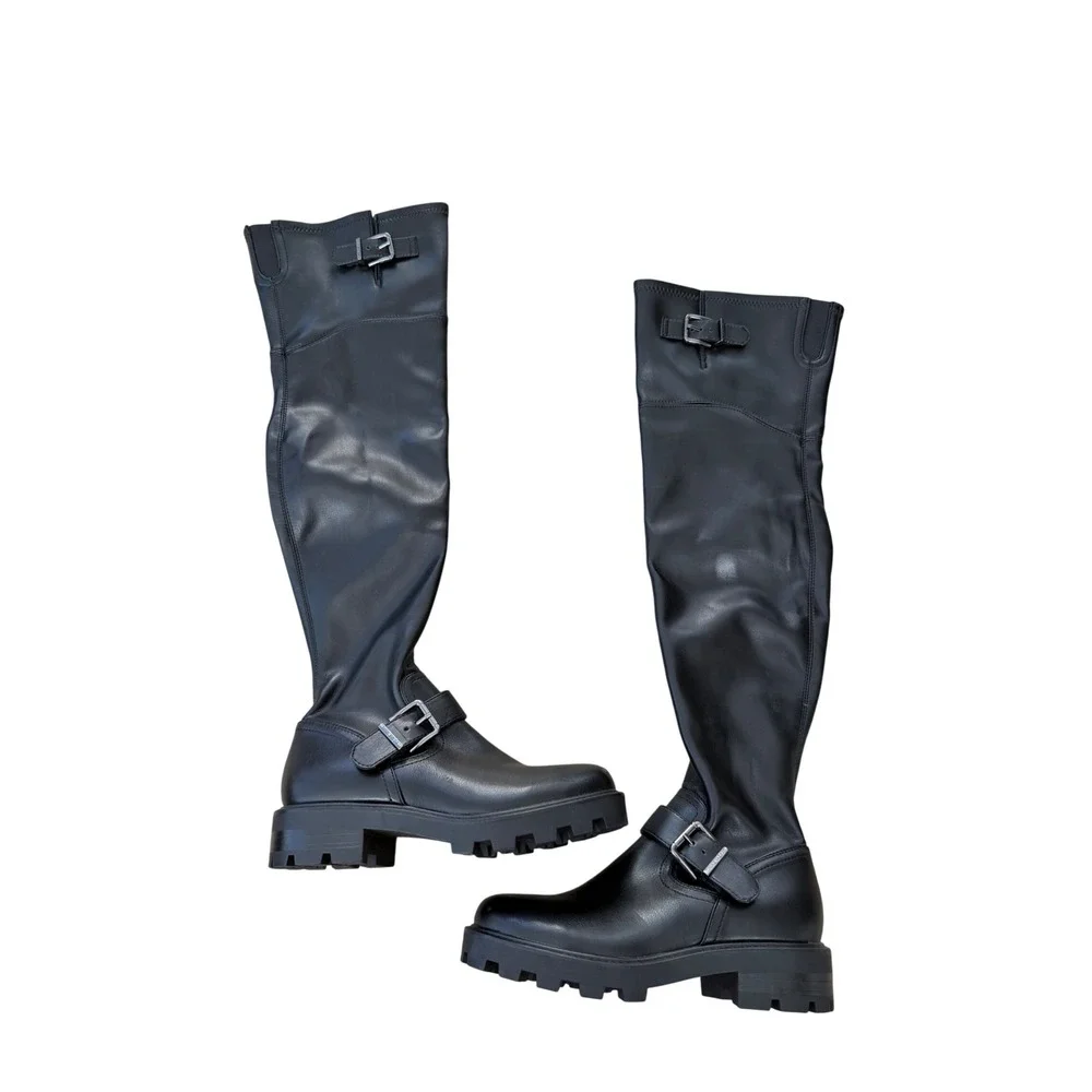 Nine West Over The Knee Lug Sole Moto Boots Black Buckle Size 7M Side Zip NEW